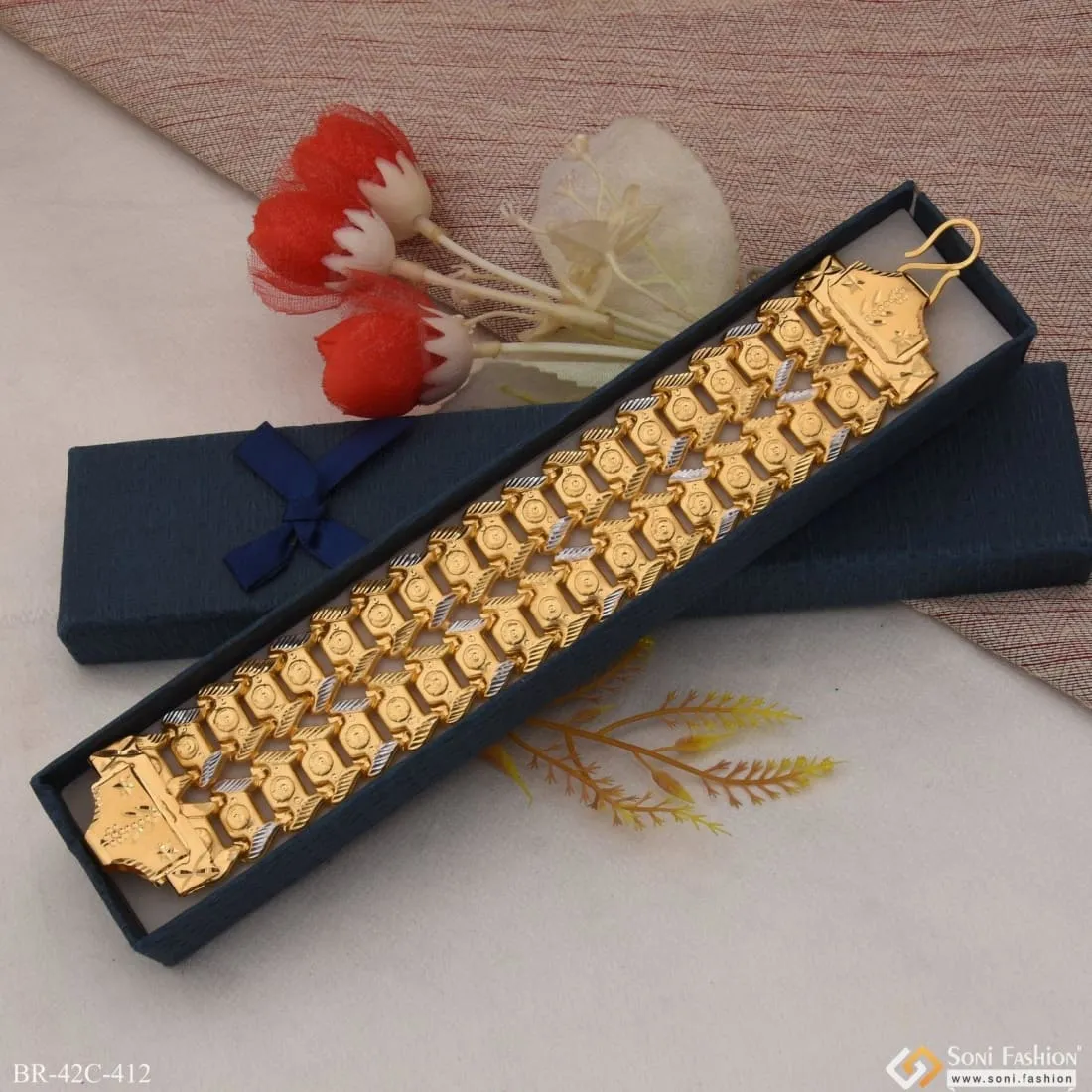 1 Gram Gold Plated 2 Line Pokal Finely Detailed Design Bracelet for Men - Style C412