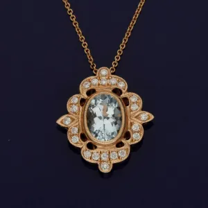 14ct Rose Gold Aquamarine and Diamond Pendant Necklace