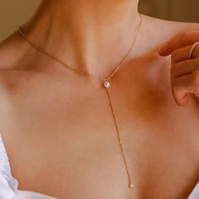 14K Gold-Filled Dainty Pearl Lariat Necklace