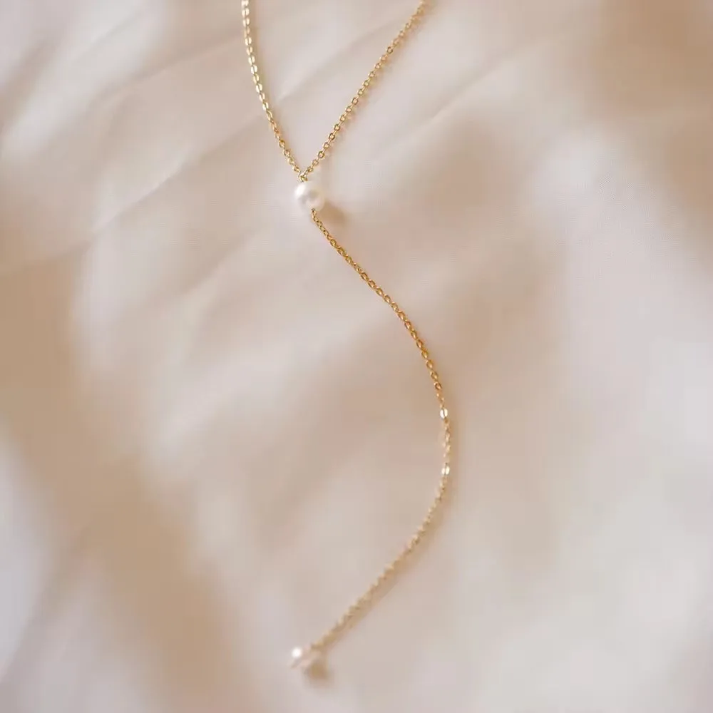 14K Gold-Filled Dainty Pearl Lariat Necklace