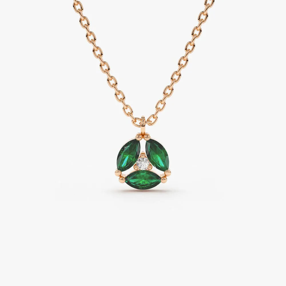 14K Gold Marquise Emerald Cluster Necklace