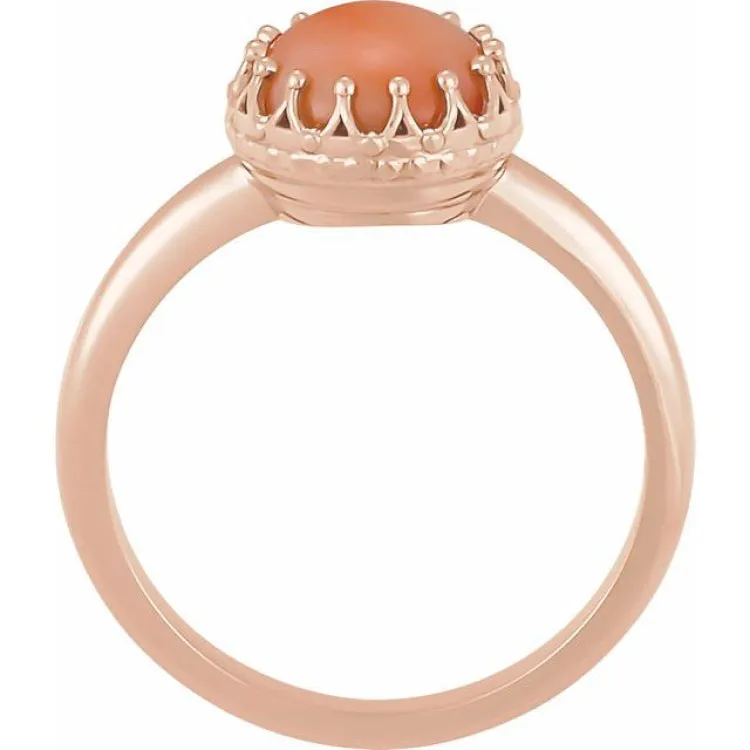 14K Rose 6 mm Natural Pink Coral Crown Cabochon Ring