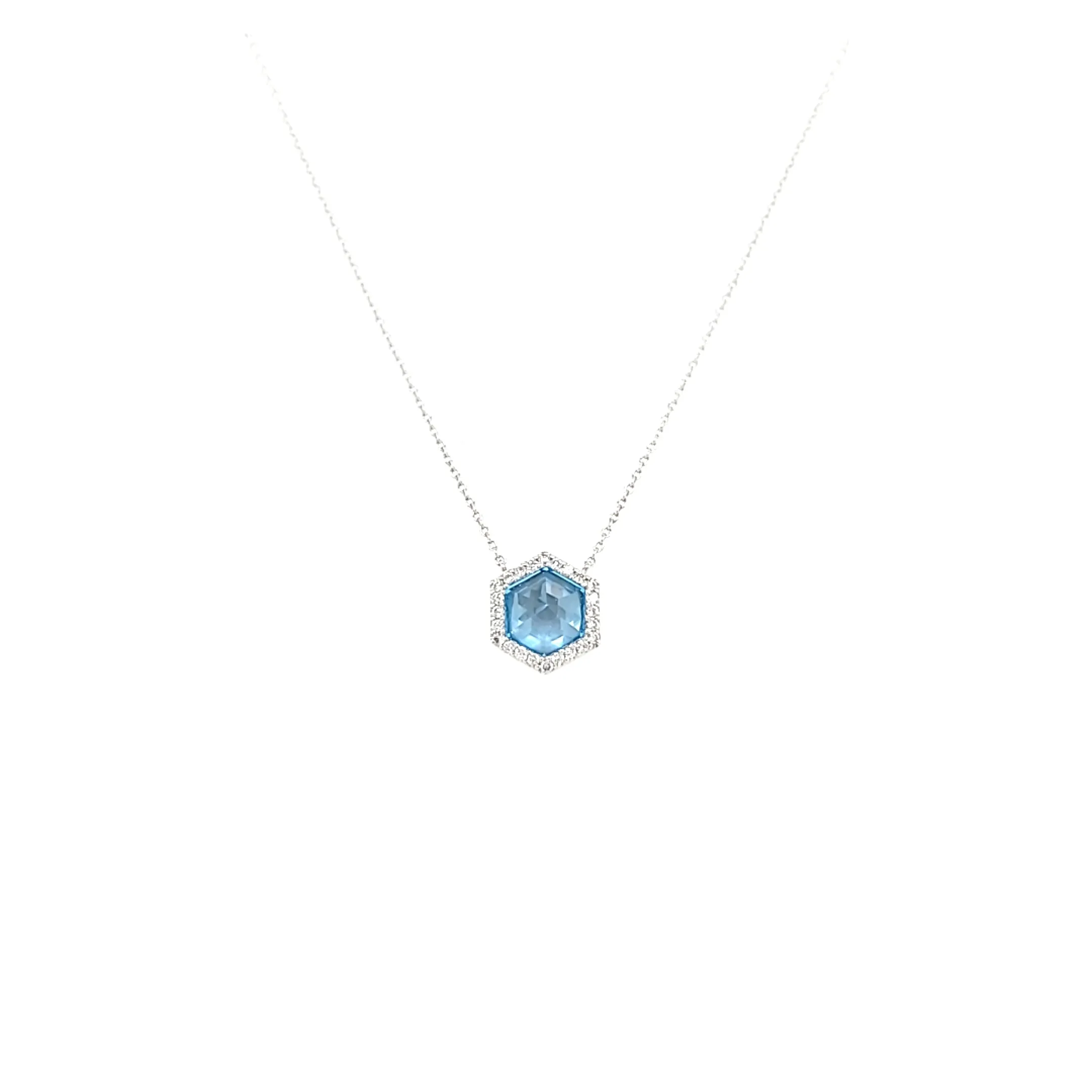 14k White Gold Blue Topaz Hexagon Point Necklace (I6516)