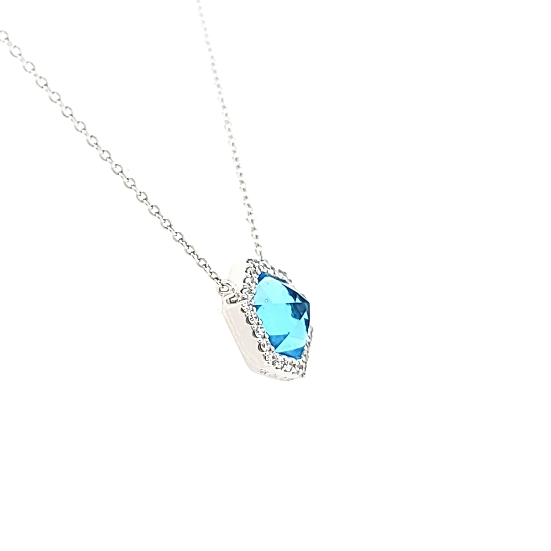 14k White Gold Blue Topaz Hexagon Point Necklace (I6516)