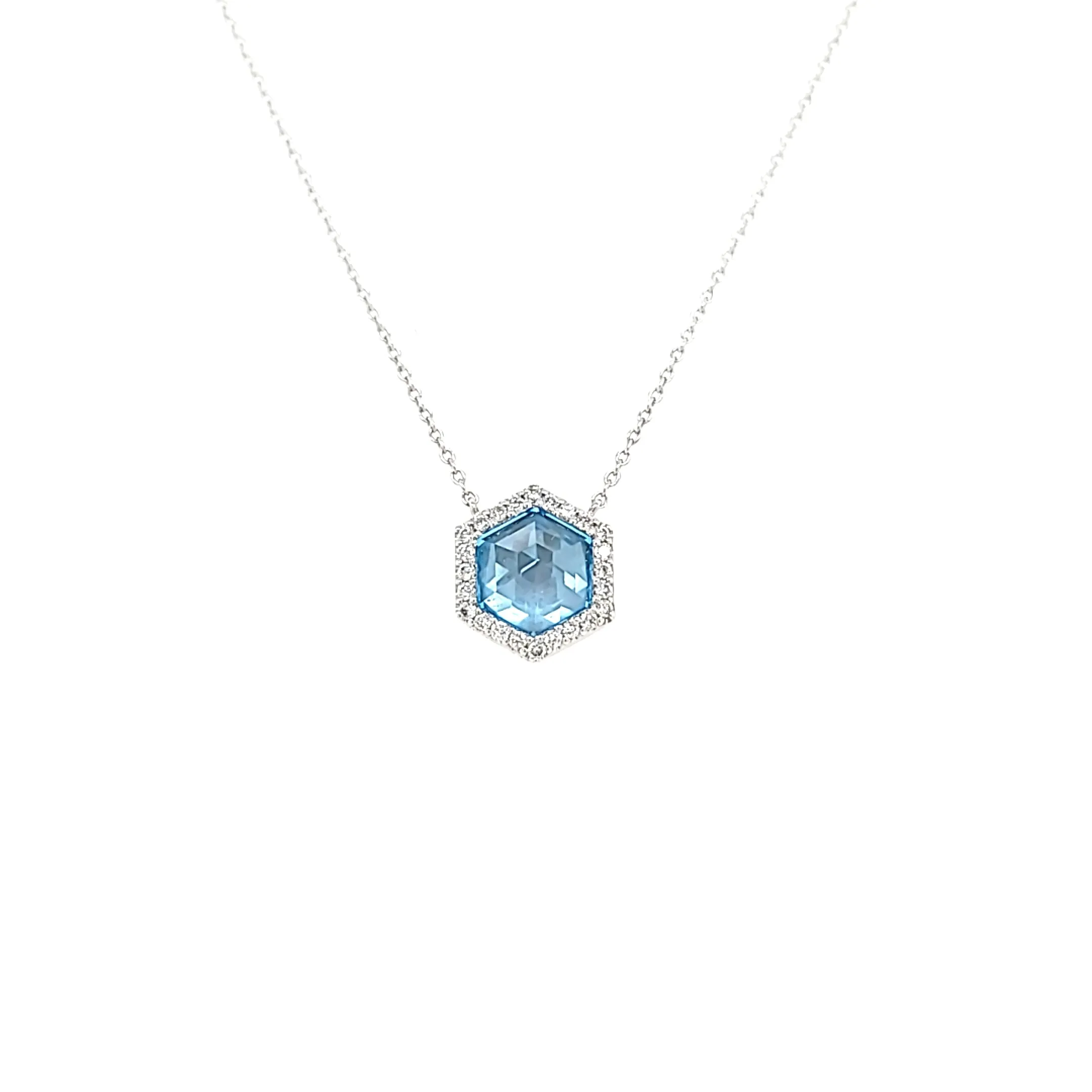 14k White Gold Blue Topaz Hexagon Point Necklace (I6516)