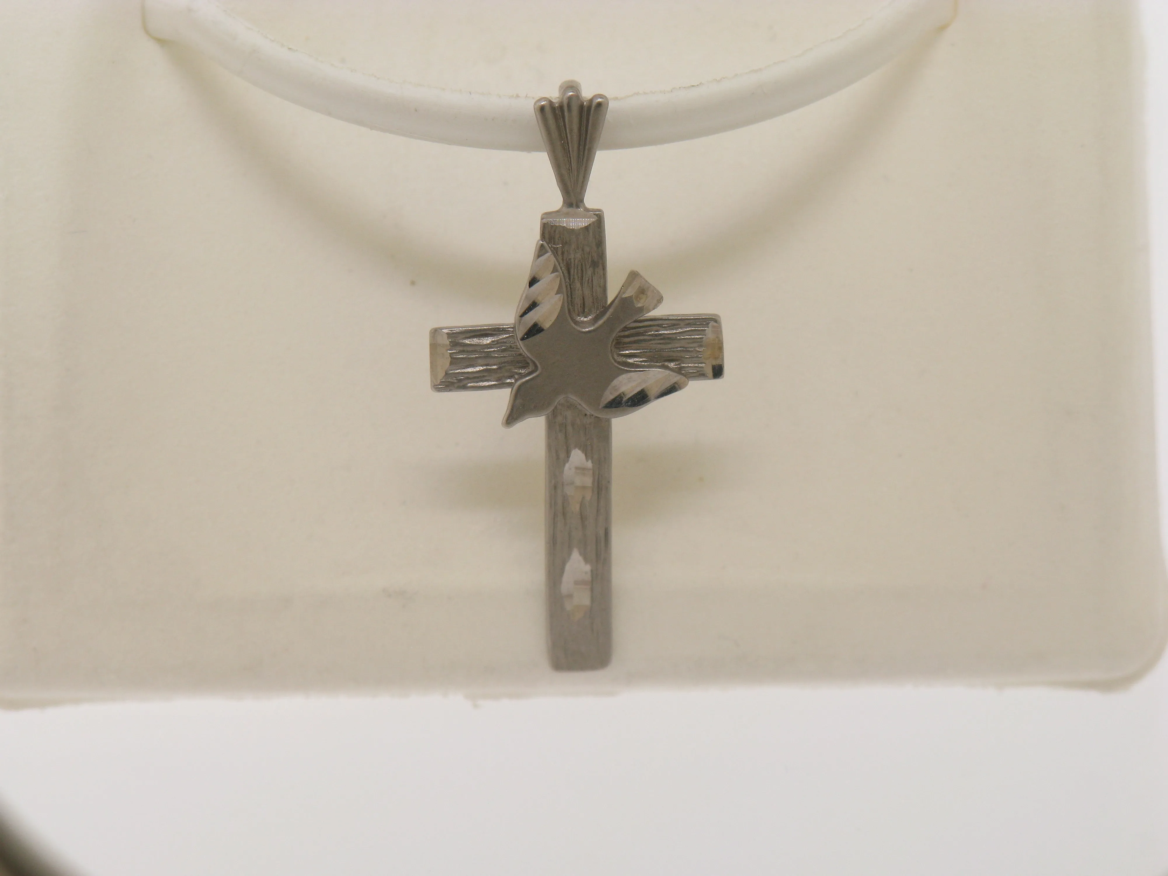 14K White Gold Diamond Cut Cross with Dove