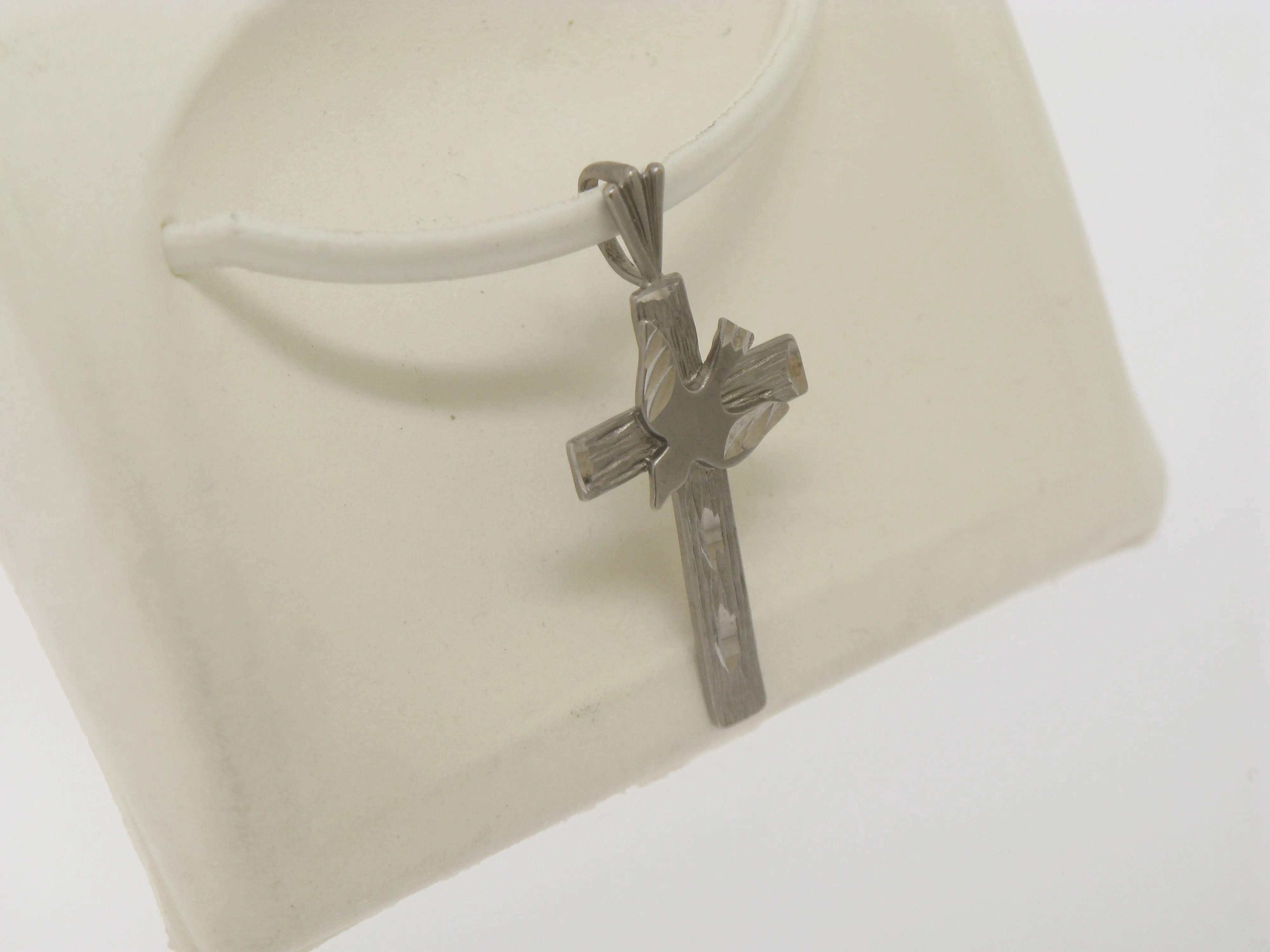 14K White Gold Diamond Cut Cross with Dove
