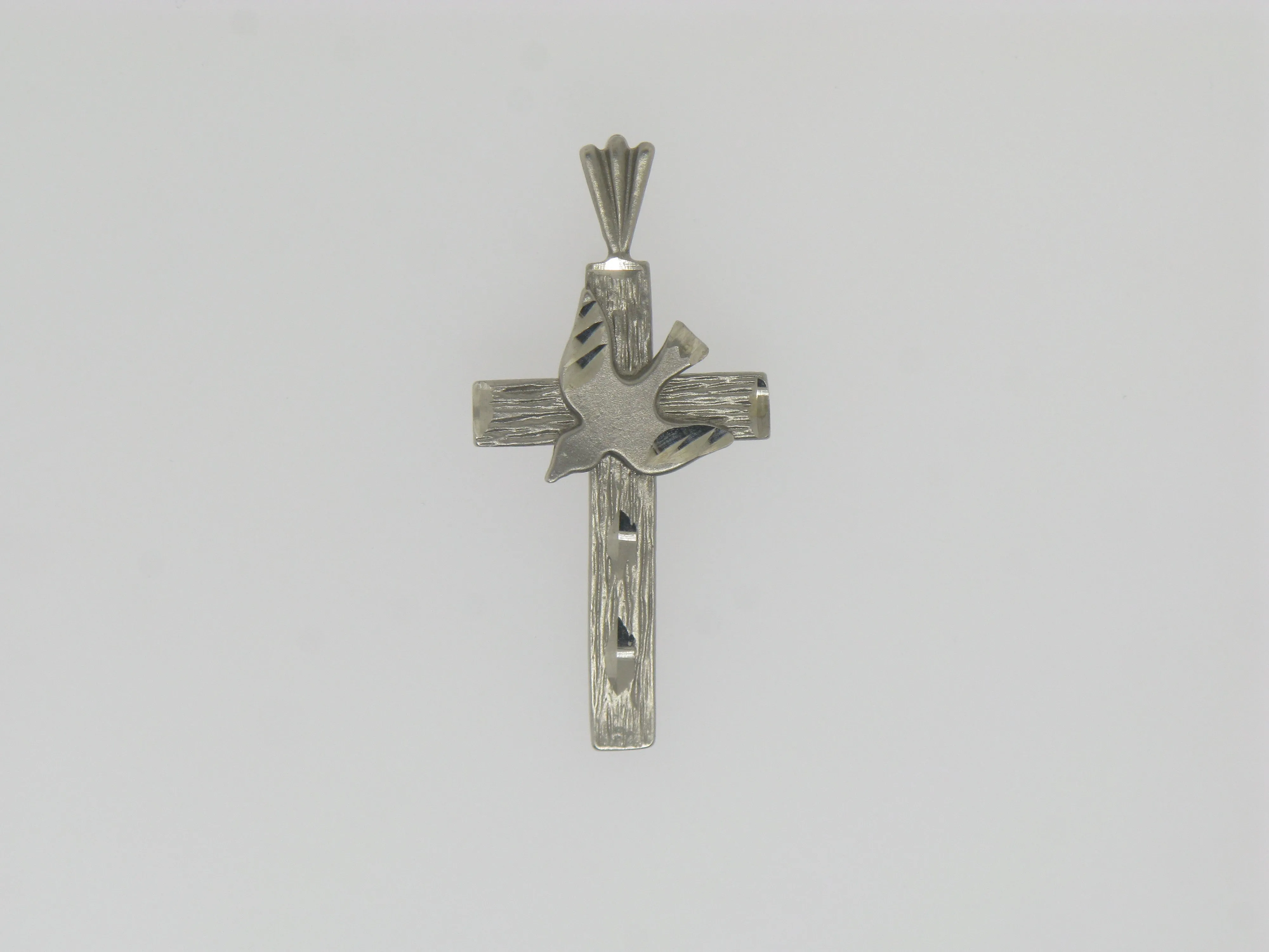 14K White Gold Diamond Cut Cross with Dove