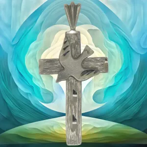14K White Gold Diamond Cut Cross with Dove