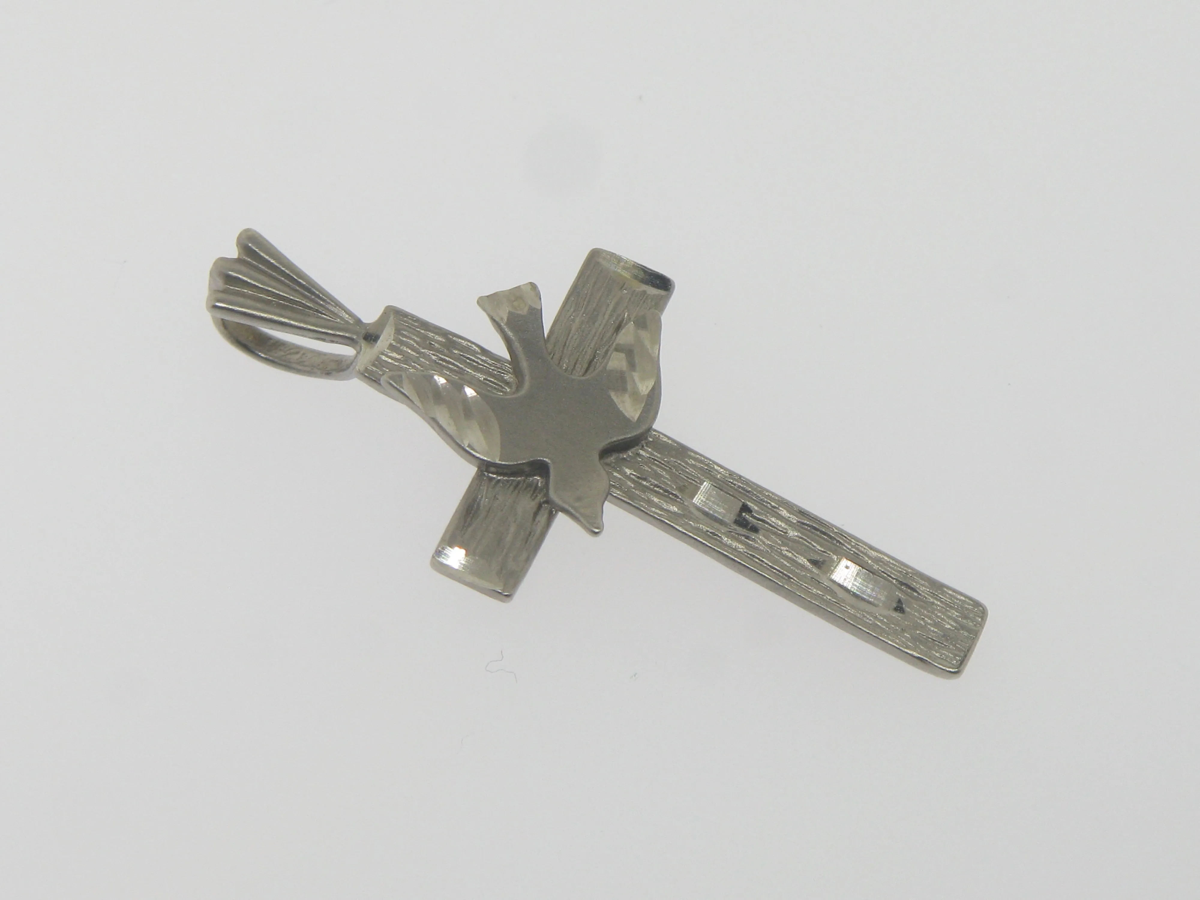 14K White Gold Diamond Cut Cross with Dove