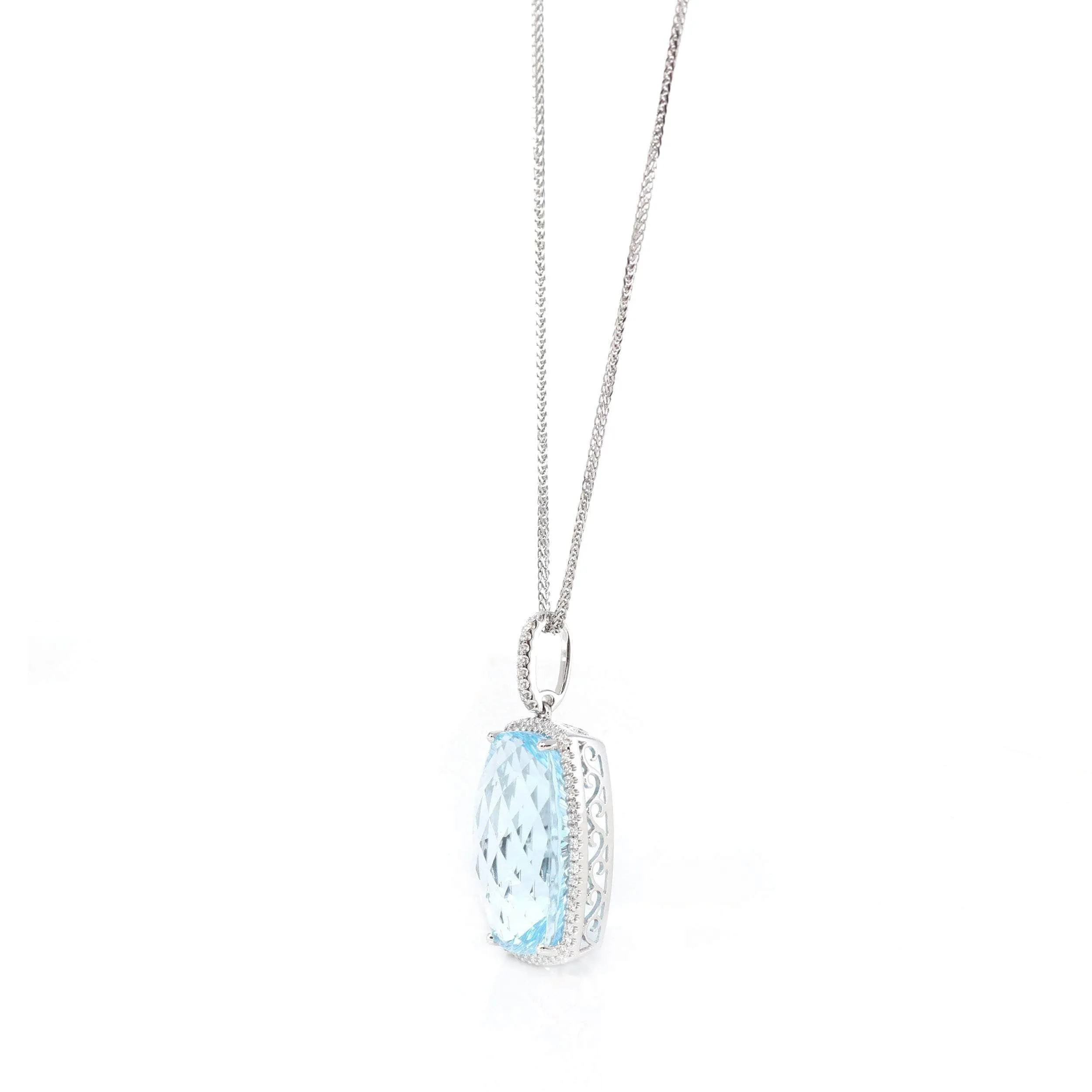 14k White Gold Natural Swiss Blue Topaz Elongated Cushion Necklace With Diamonds