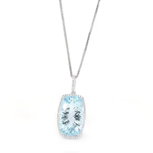 14k White Gold Natural Swiss Blue Topaz Elongated Cushion Necklace With Diamonds