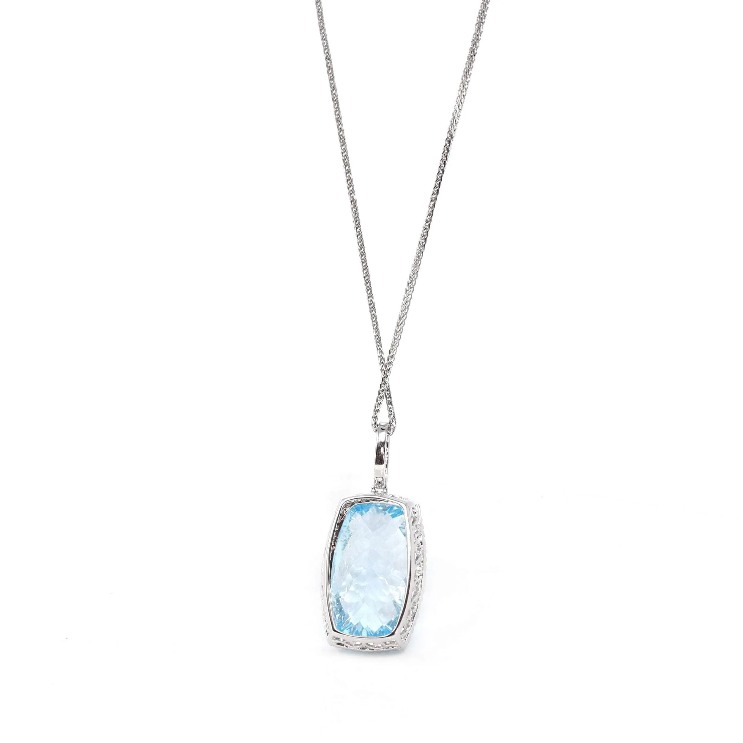 14k White Gold Natural Swiss Blue Topaz Elongated Cushion Necklace With Diamonds