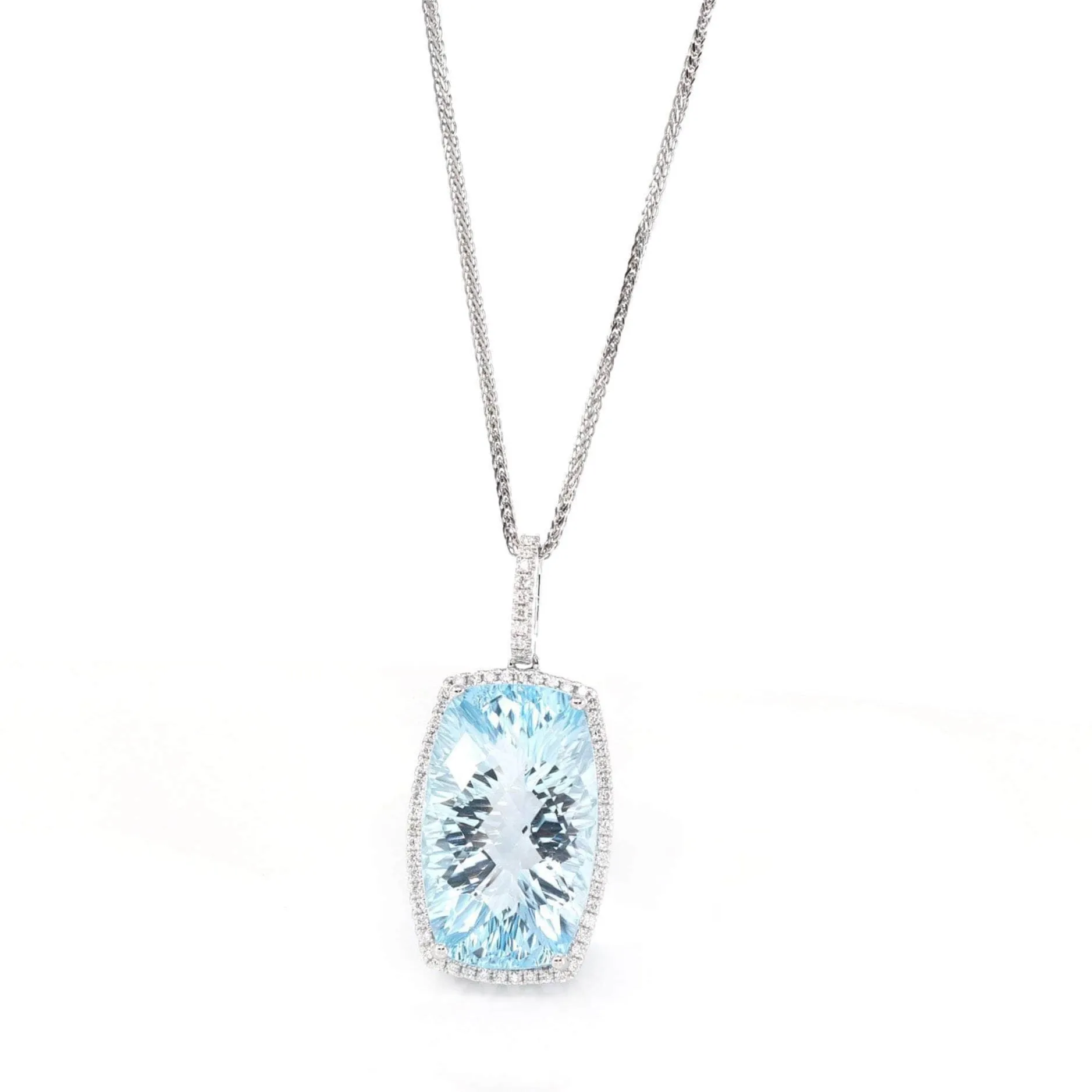 14k White Gold Natural Swiss Blue Topaz Elongated Cushion Necklace With Diamonds
