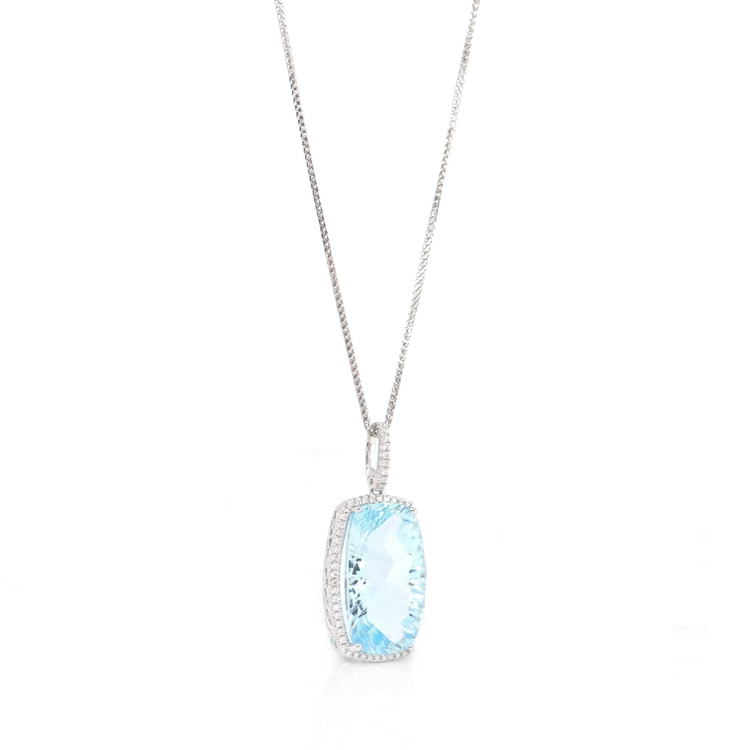 14k White Gold Natural Swiss Blue Topaz Elongated Cushion Necklace With Diamonds