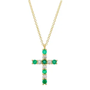 14k Yellow Gold Diamond and Emerald Cross Necklace