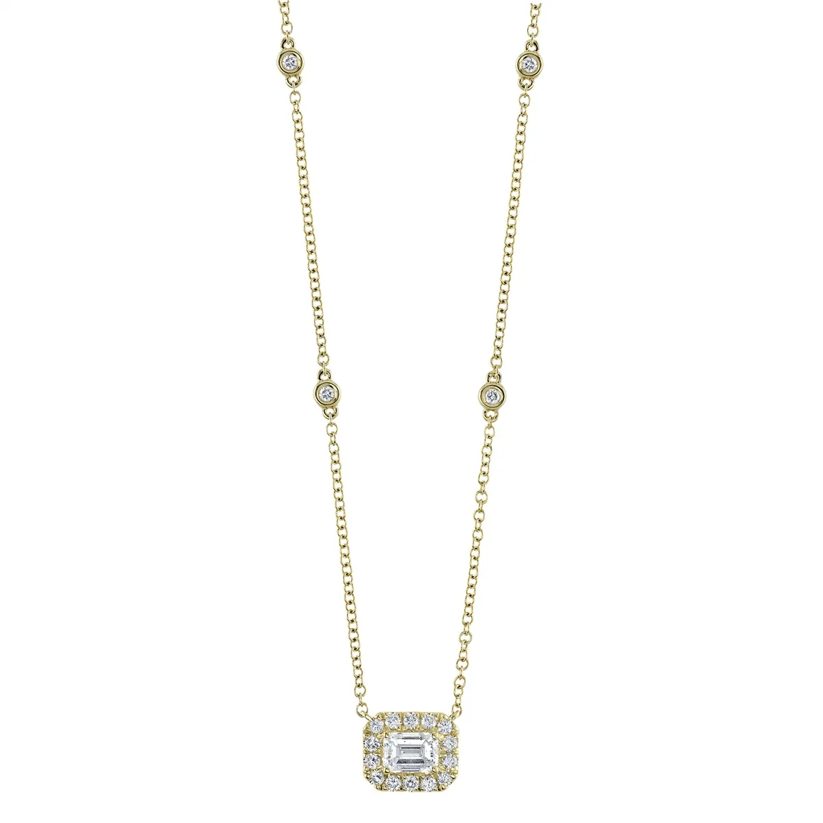 14K Yellow Gold Emerald Diamond Pendant Station Necklace