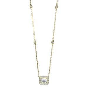 14K Yellow Gold Emerald Diamond Pendant Station Necklace