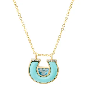 14K YG Blue Topaz, Turquoise and Diamond Horseshoe Necklace