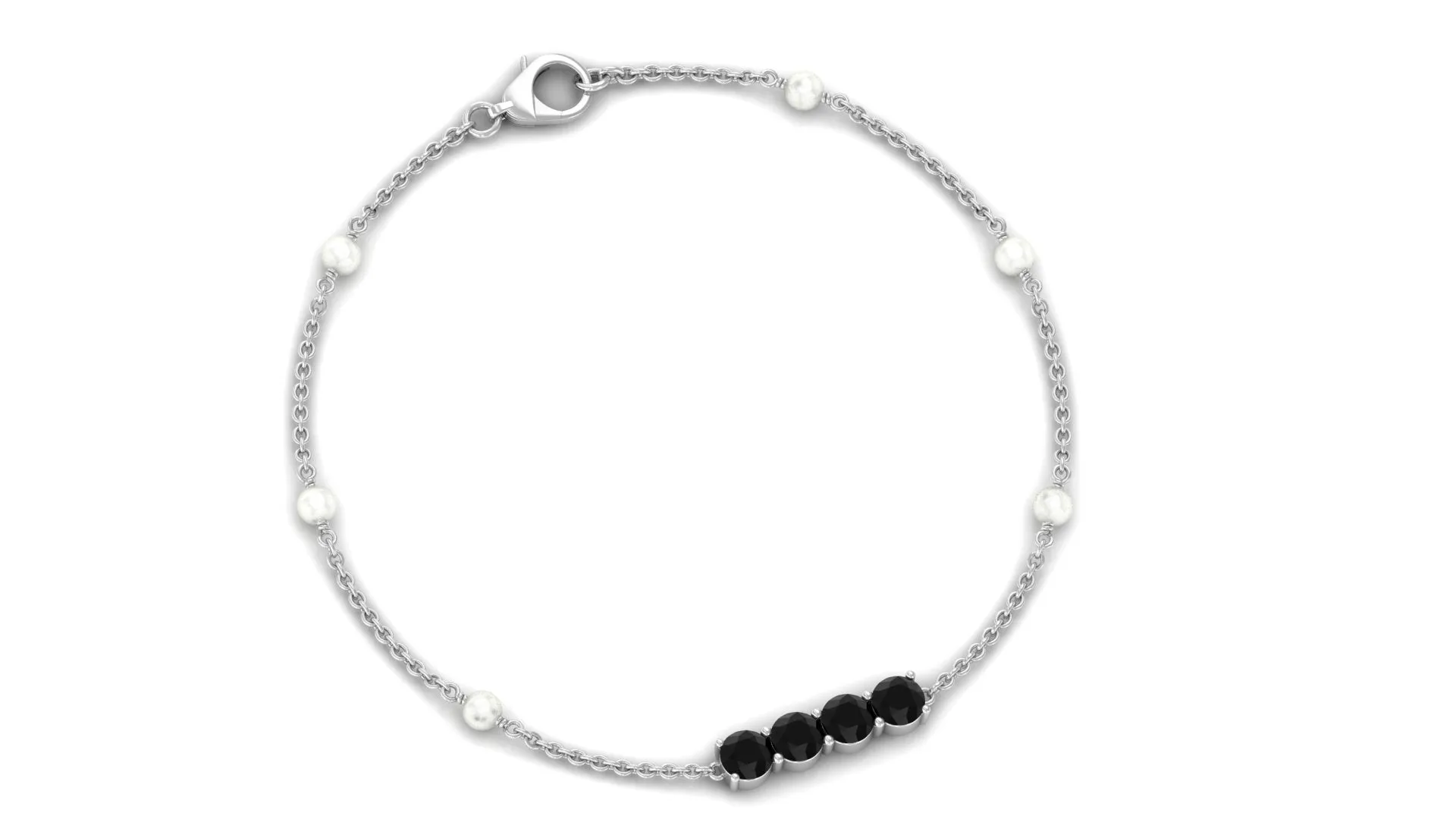 1.75 CT Black Onyx Minimal Station Chain Bracelet with Freshwater Pearl