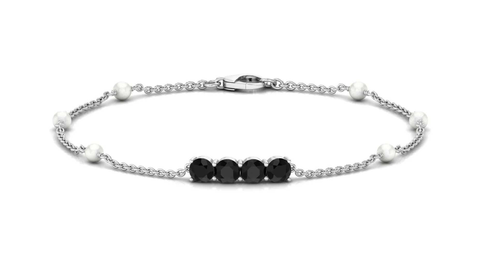 1.75 CT Black Onyx Minimal Station Chain Bracelet with Freshwater Pearl