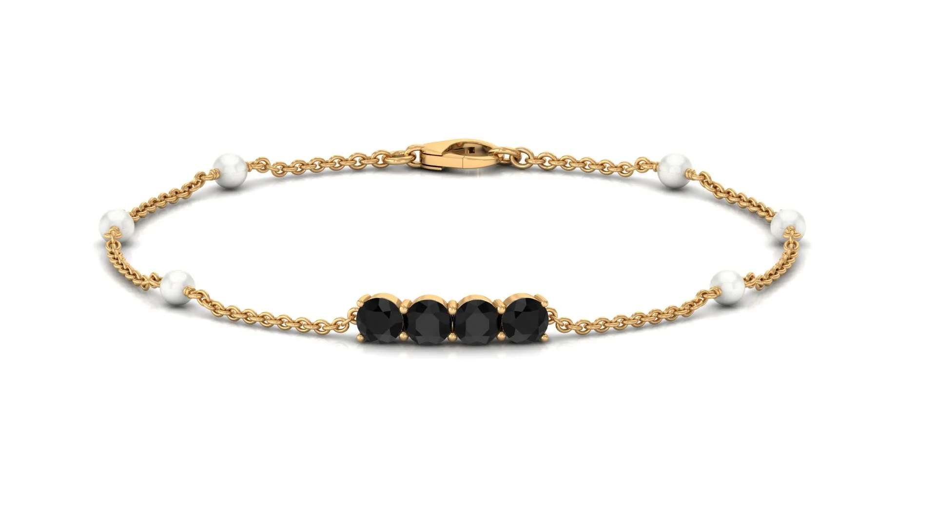 1.75 CT Black Onyx Minimal Station Chain Bracelet with Freshwater Pearl