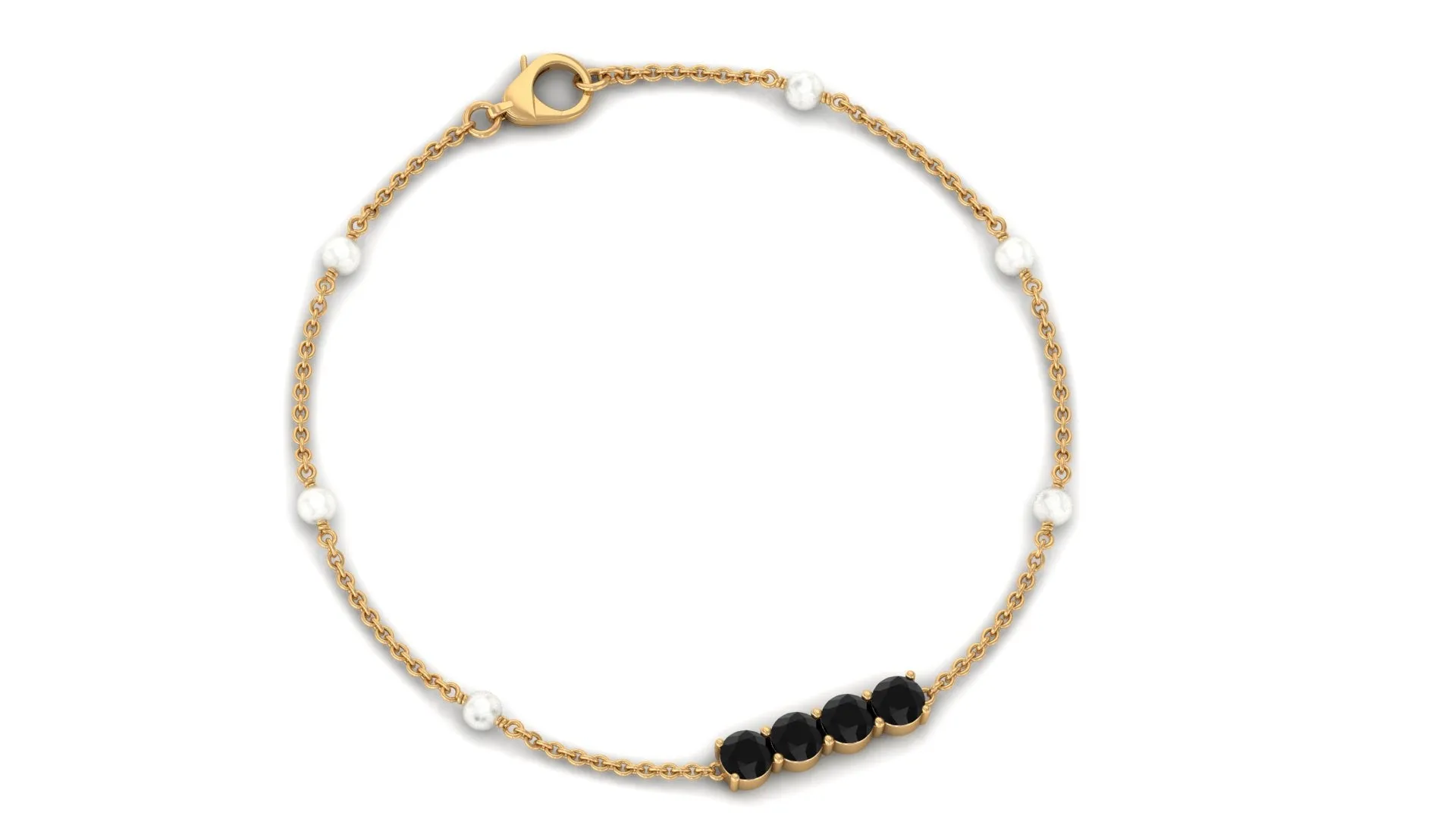 1.75 CT Black Onyx Minimal Station Chain Bracelet with Freshwater Pearl