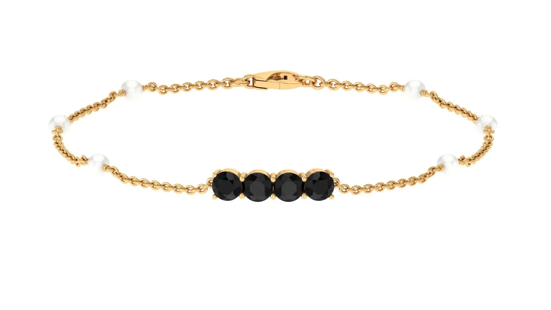 1.75 CT Black Onyx Minimal Station Chain Bracelet with Freshwater Pearl