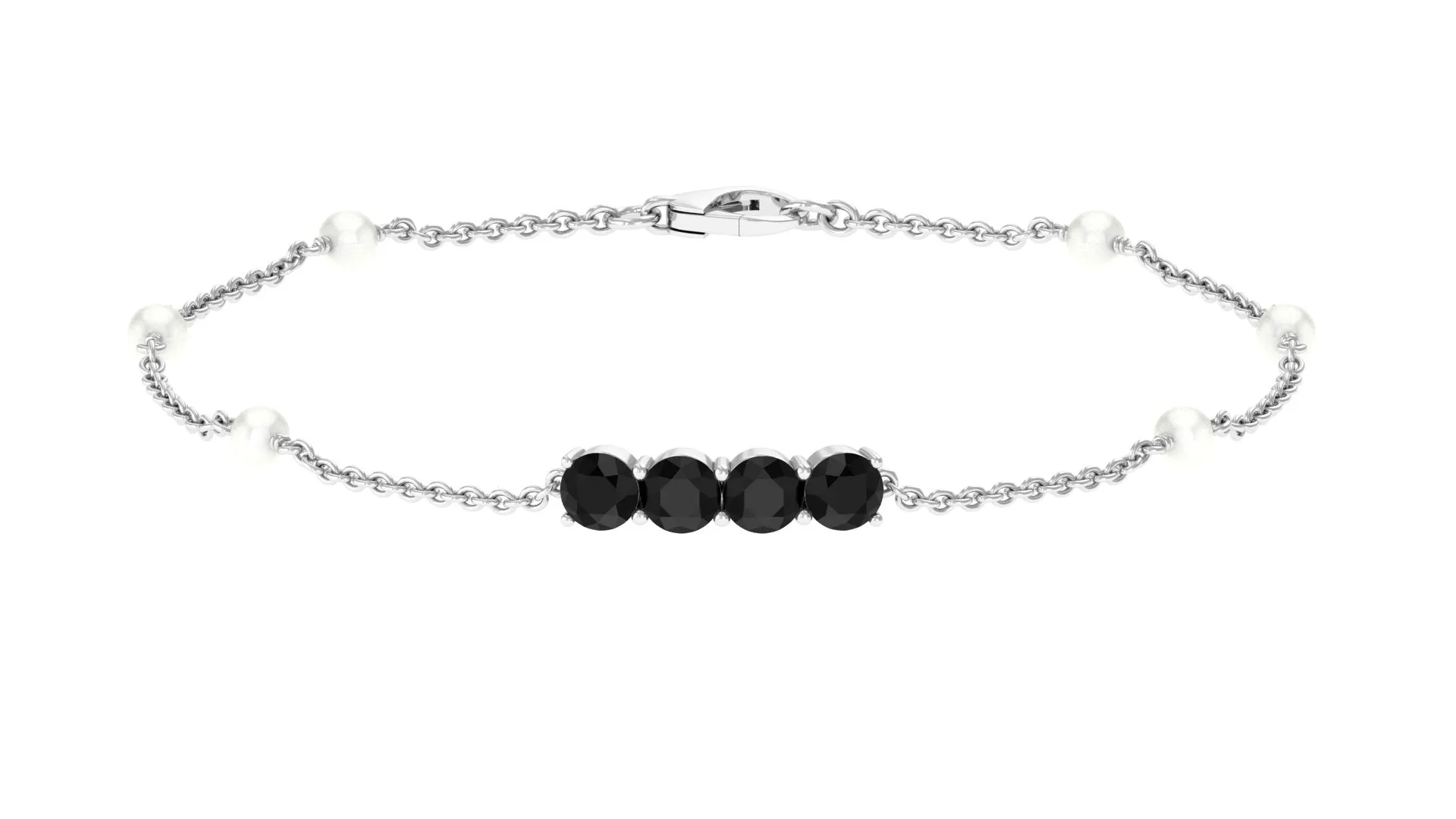 1.75 CT Black Onyx Minimal Station Chain Bracelet with Freshwater Pearl