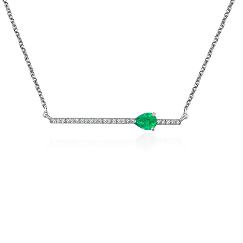 18k Gold Line Diamond Necklace with Drop Shape Emerald