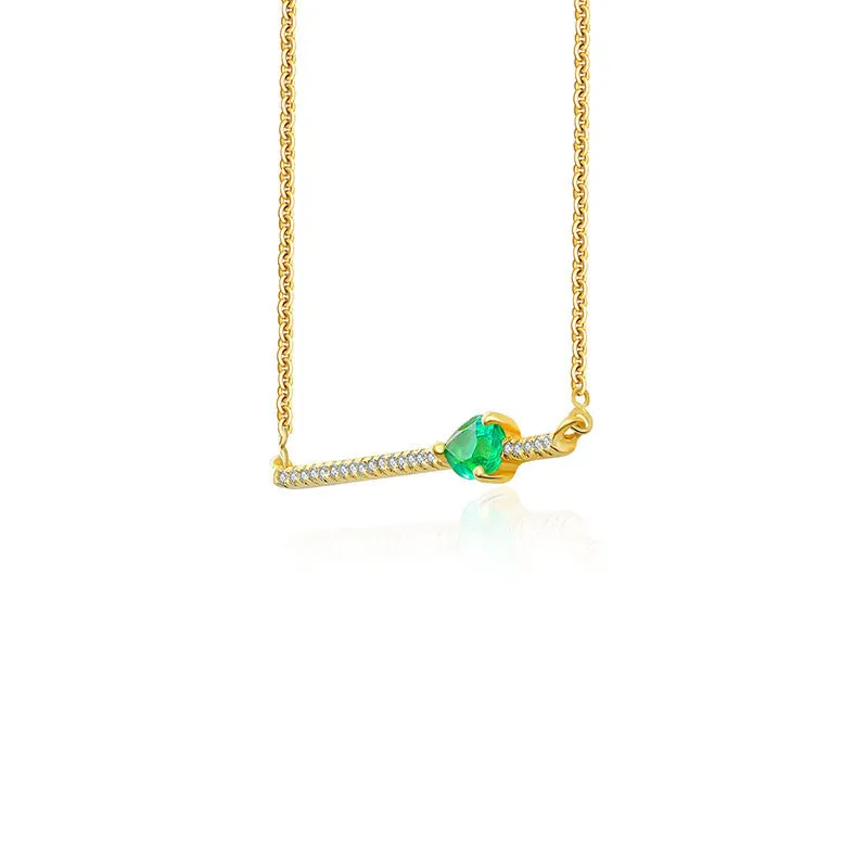 18k Gold Line Diamond Necklace with Drop Shape Emerald