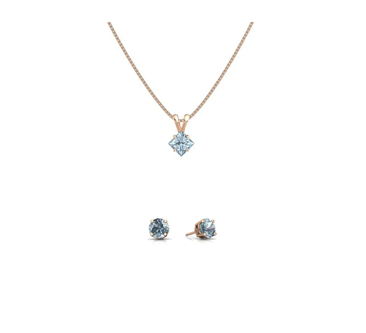 18K Rose Gold 1/2ct Aquamarine Square 18 Inch Necklace and Round Earrings Set Plated