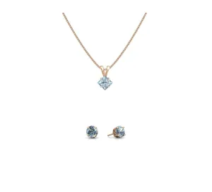 18K Rose Gold 1/2ct Aquamarine Square 18 Inch Necklace and Round Earrings Set Plated