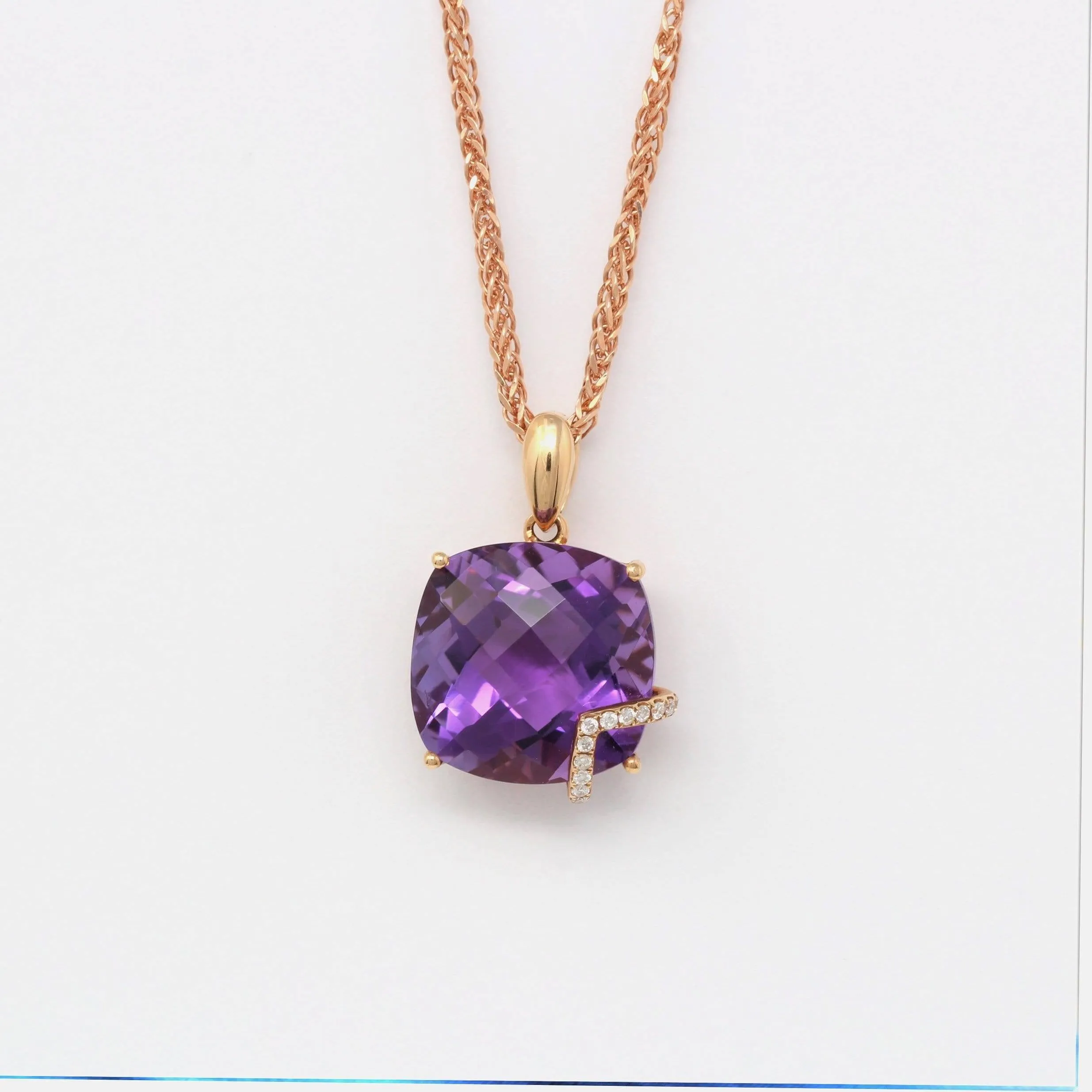 18k Rose Gold Genuine AAA Amethyst Pendant Necklace