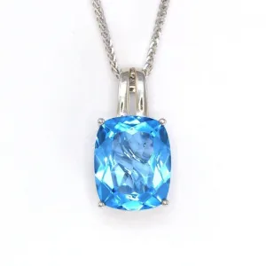 18k White Gold Genuine Cushion Cut Swiss Blue Topaz & Diamonds Pendant Necklace