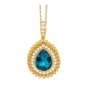 18k Yellow Gold 'Justinian' London Blue Topaz & Diamond Pear Shaped Beaded Pendant on Beaded Chain (I9034)