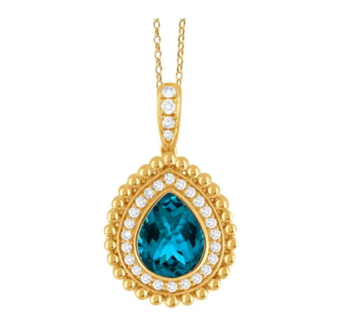 18k Yellow Gold 'Justinian' London Blue Topaz & Diamond Pear Shaped Beaded Pendant on Beaded Chain (I9034)