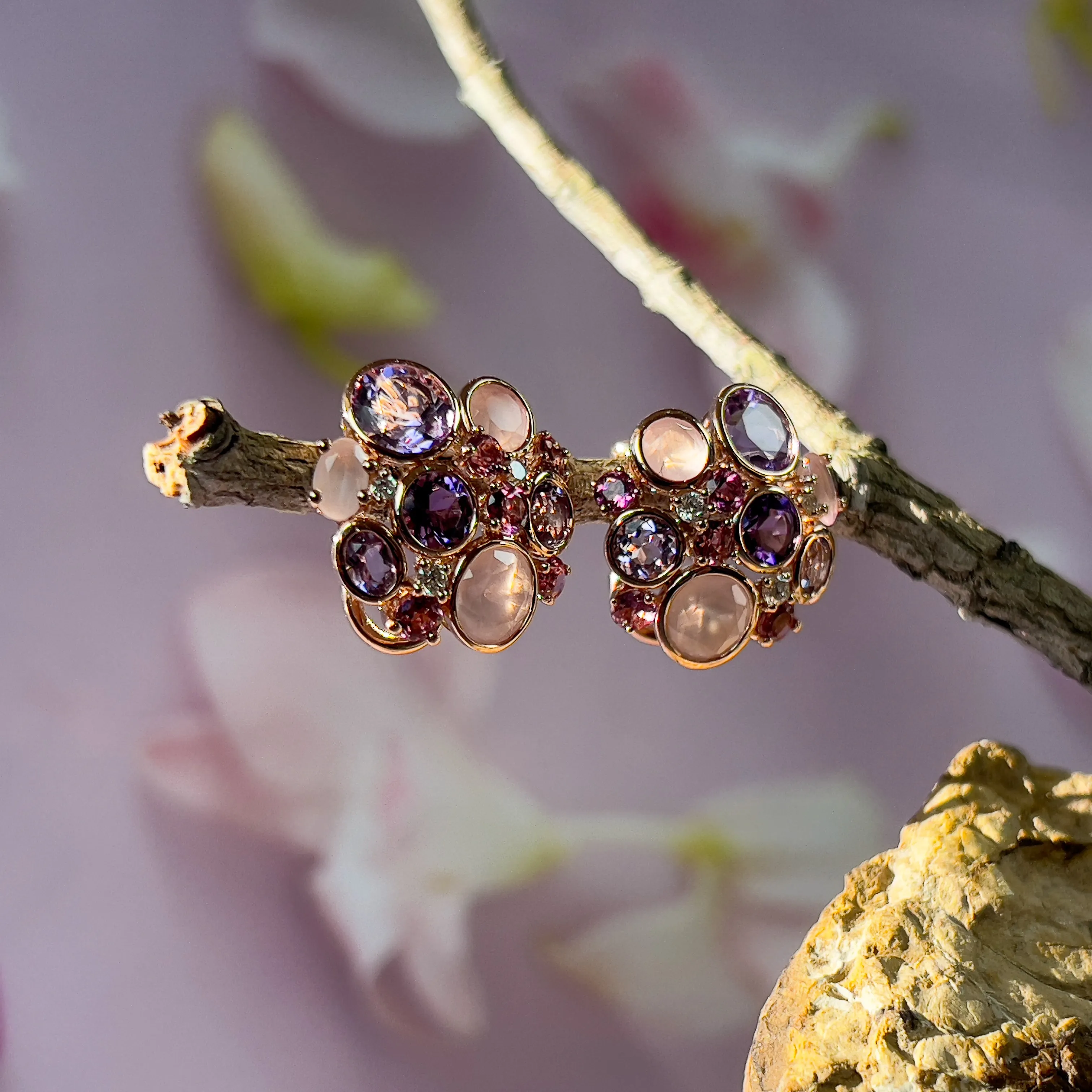 18kt Rose Gold Multi Colour gems and Diamond studs
