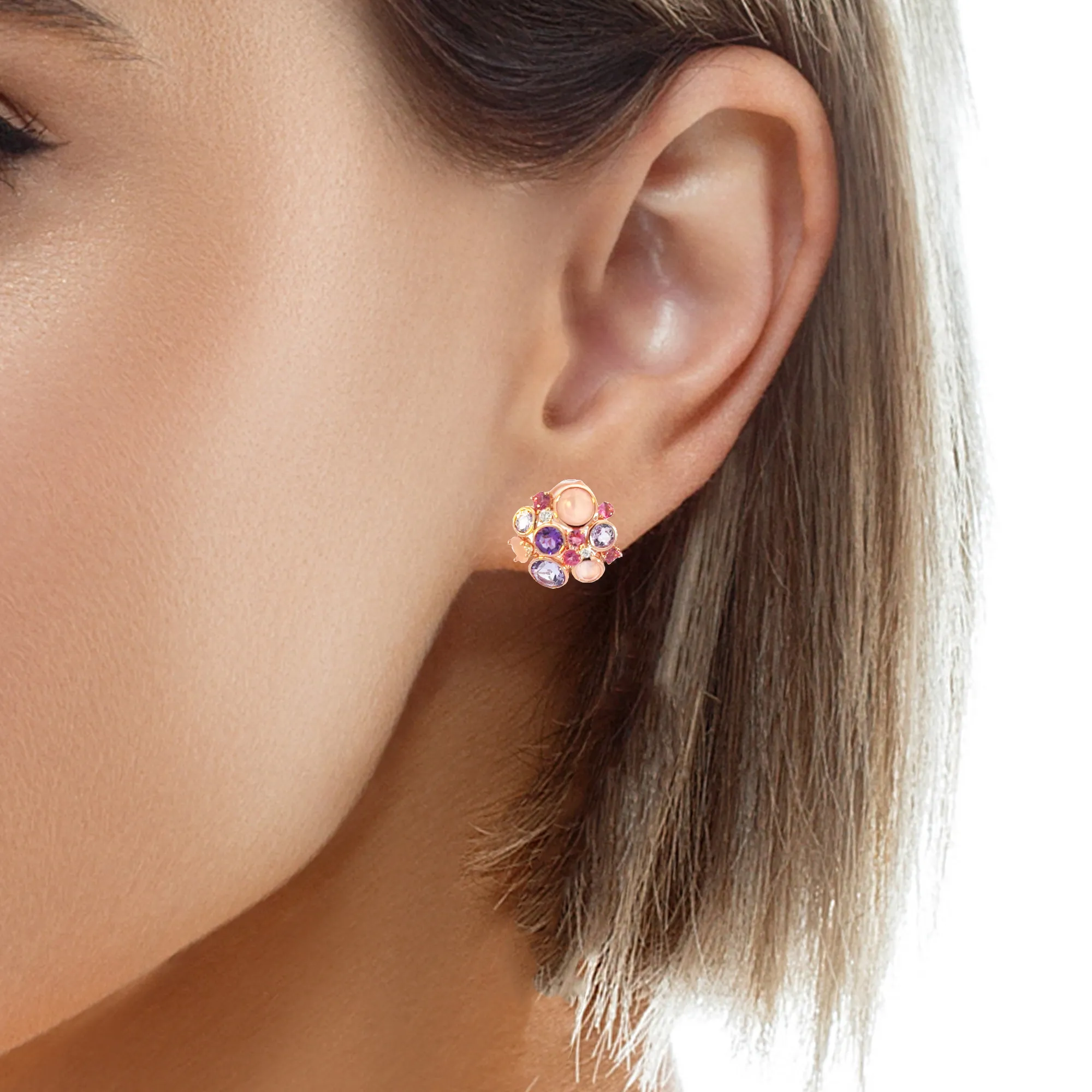 18kt Rose Gold Multi Colour gems and Diamond studs