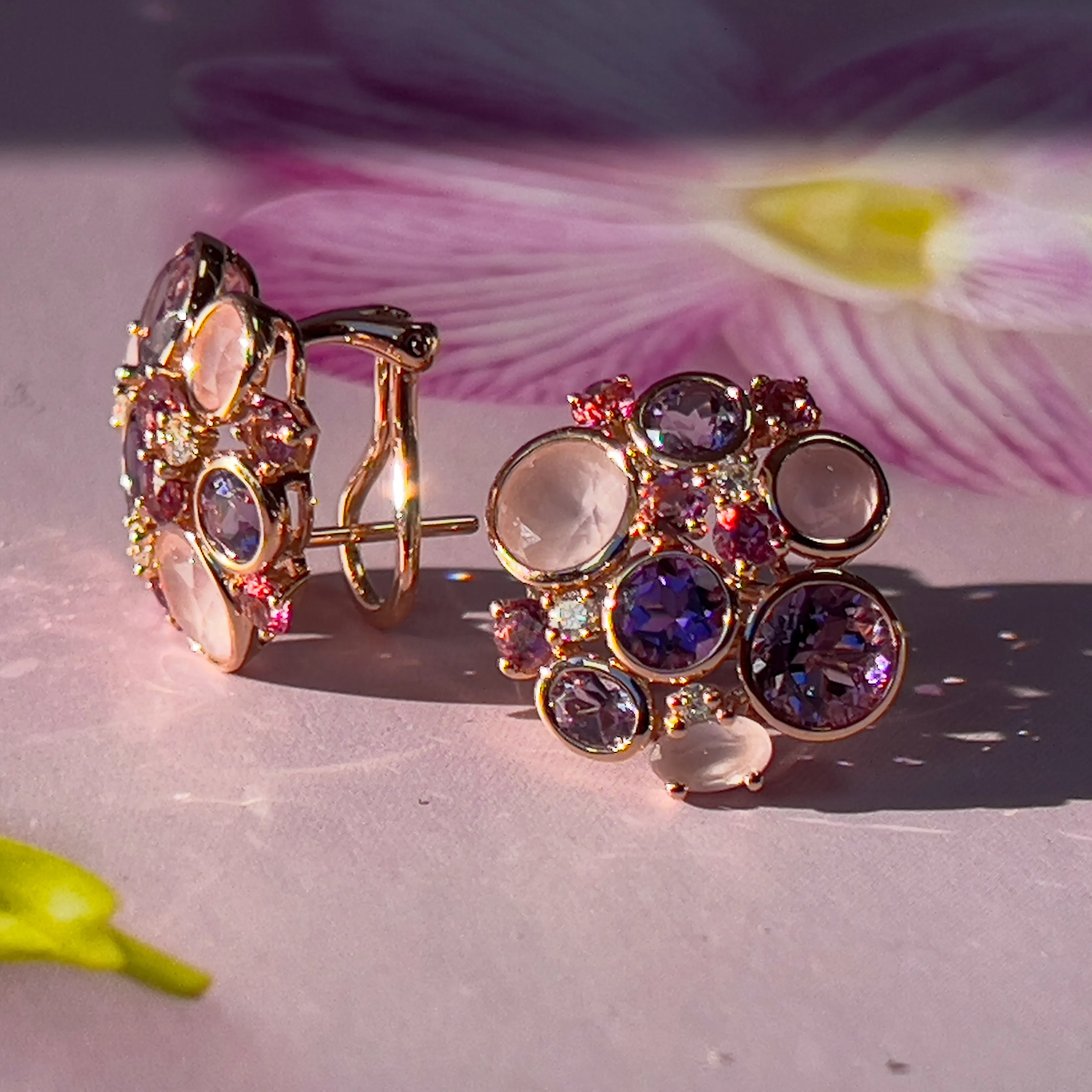 18kt Rose Gold Multi Colour gems and Diamond studs