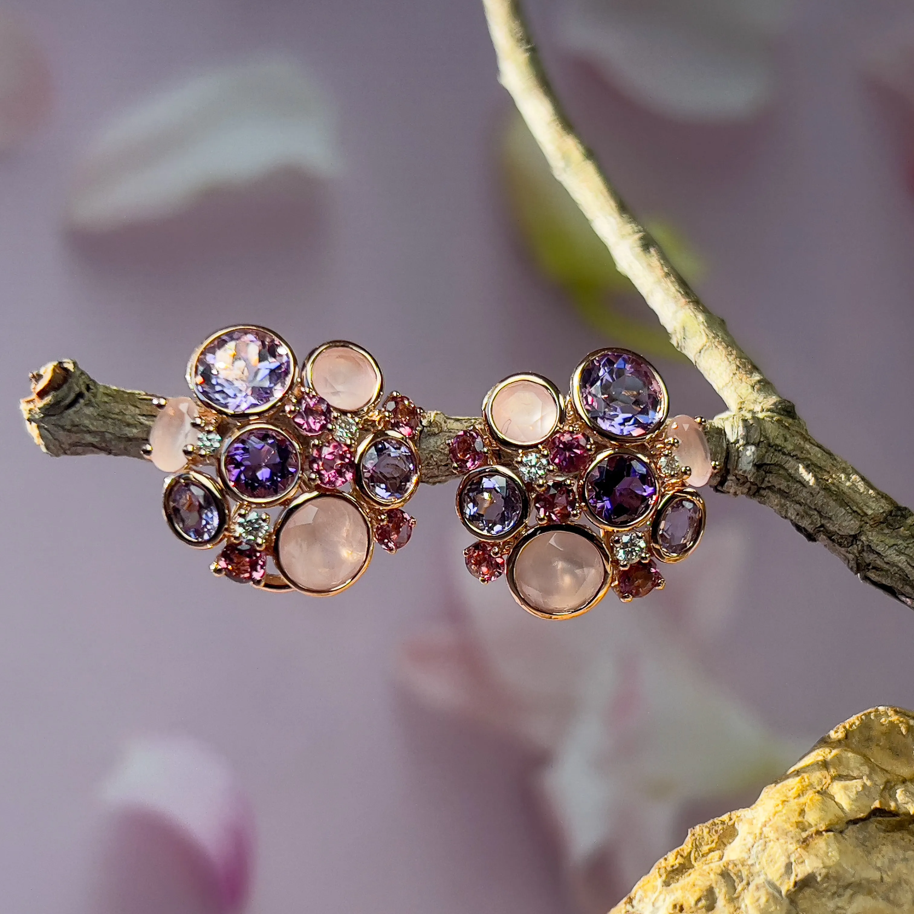 18kt Rose Gold Multi Colour gems and Diamond studs