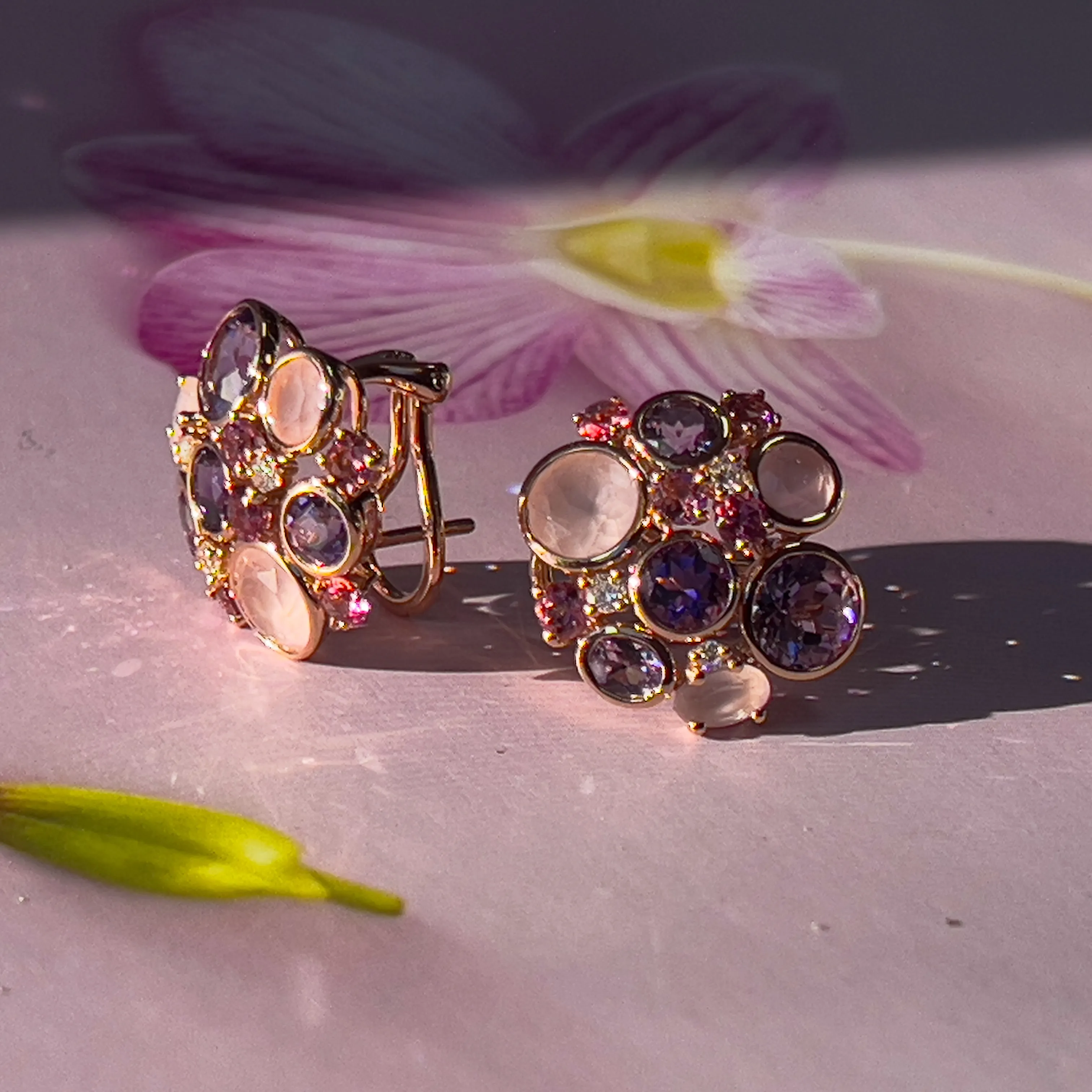 18kt Rose Gold Multi Colour gems and Diamond studs