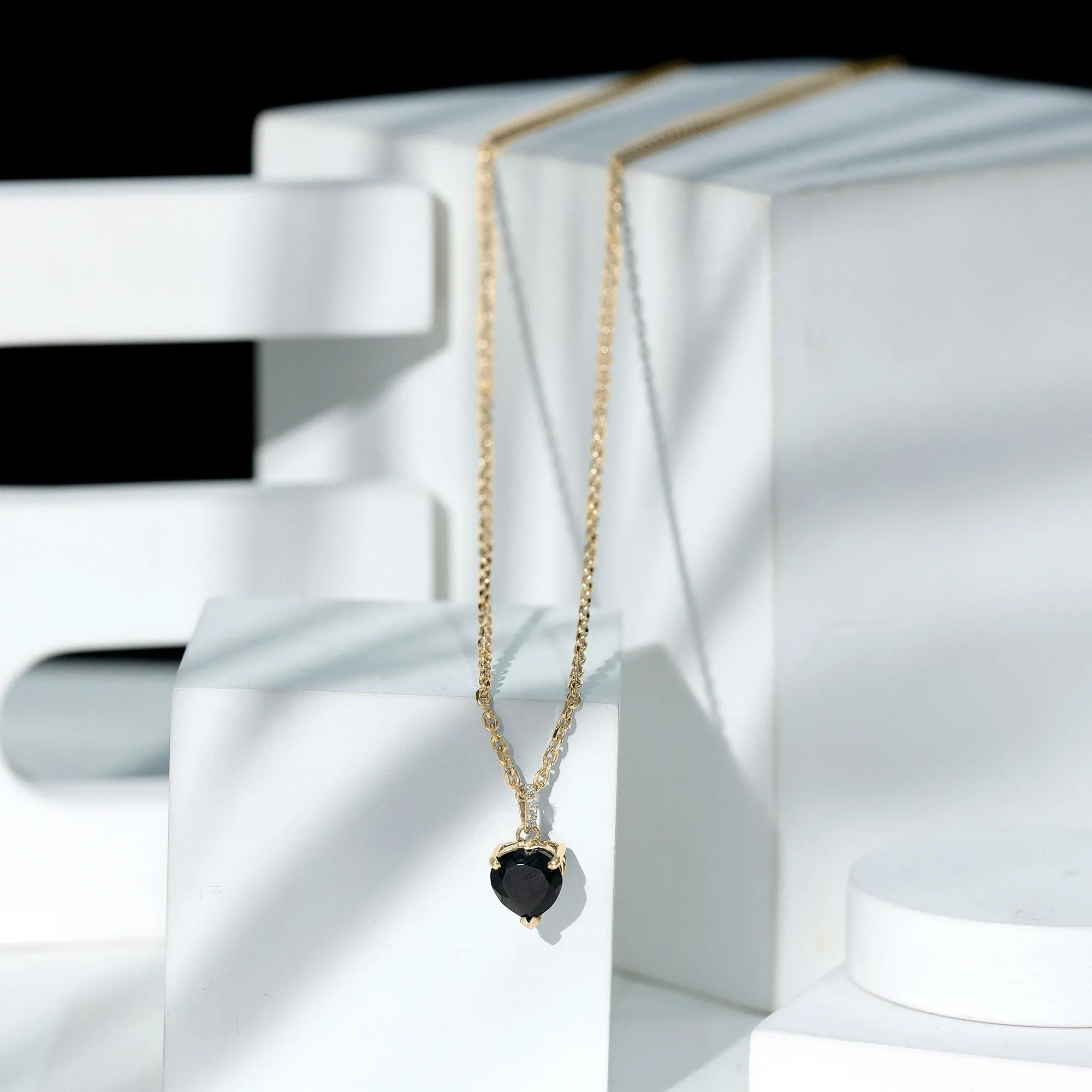 2.25 CT Black Onyx Solitaire Heart Pendant with Diamond