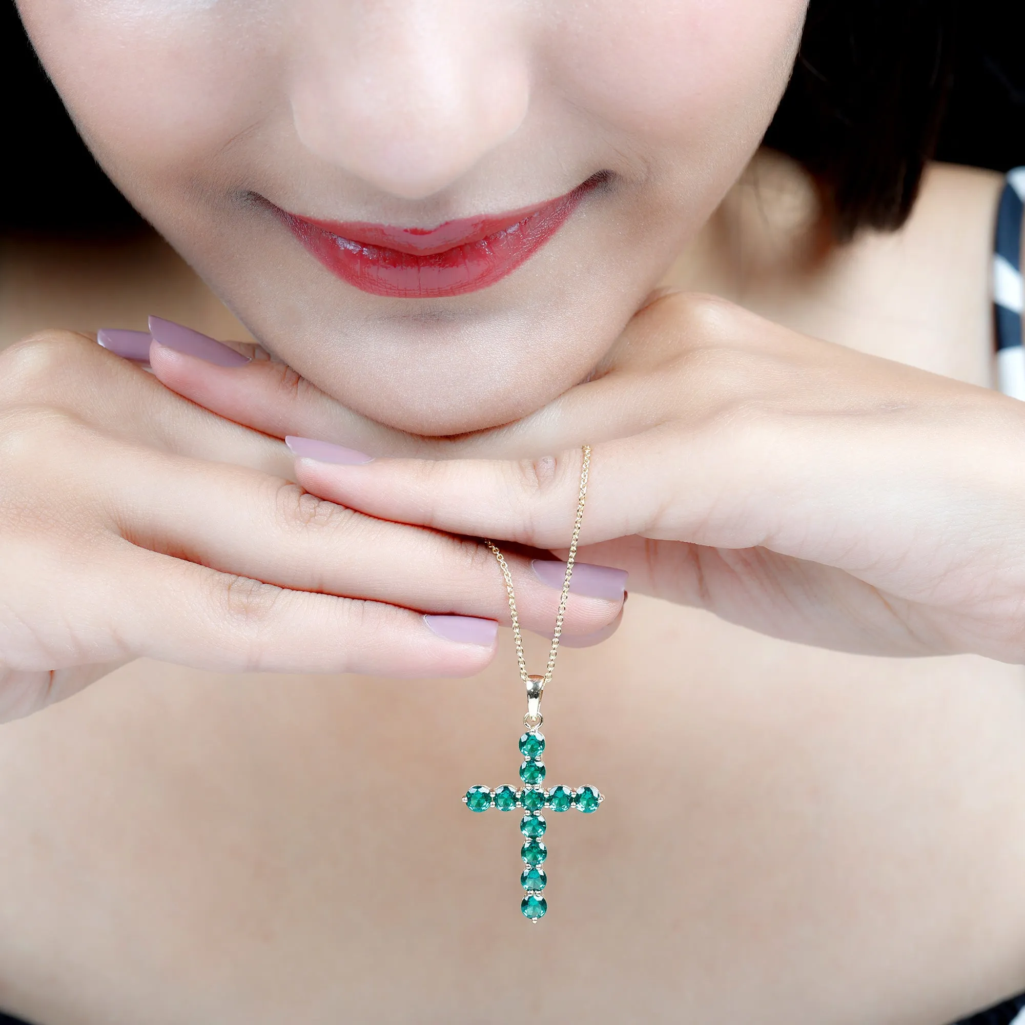 3 CT Created Emerald Cross Pendant Necklace in Gold
