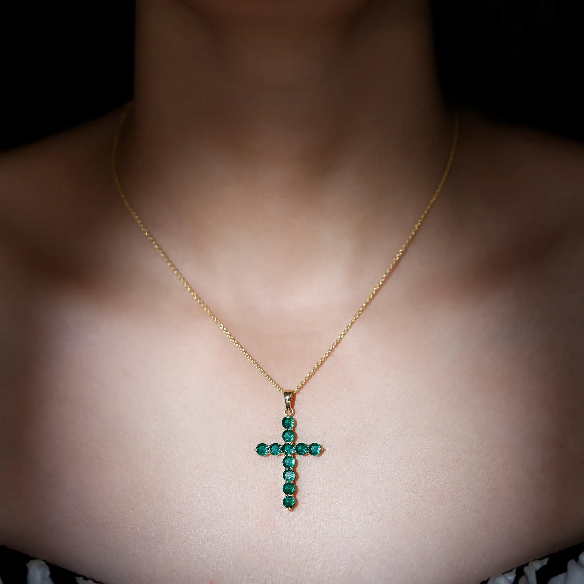 3 CT Created Emerald Cross Pendant Necklace in Gold