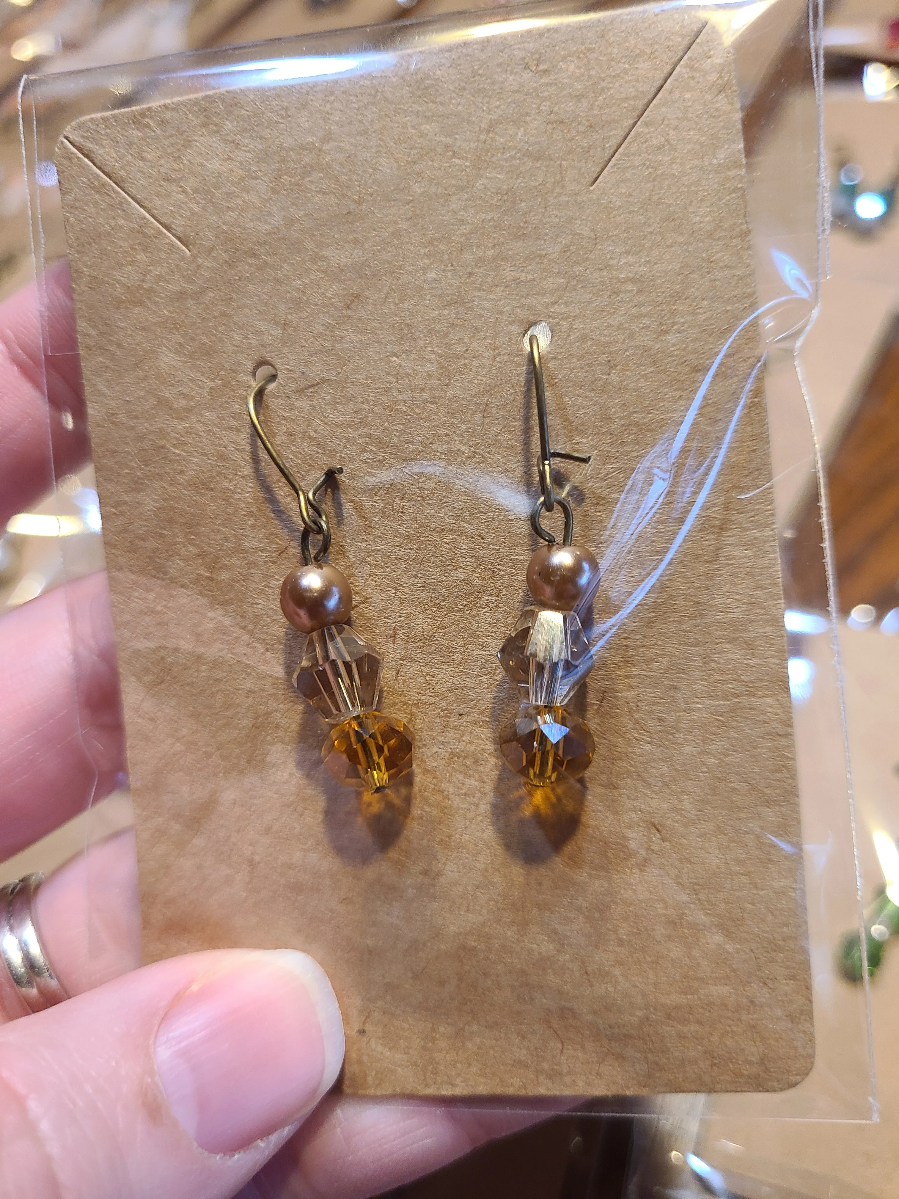 3-Tier Earrings with Champagne Pearl, Clear, and Amber Beads, French