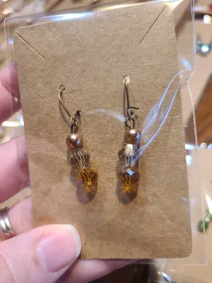 3-Tier Earrings with Champagne Pearl, Clear, and Amber Beads, French