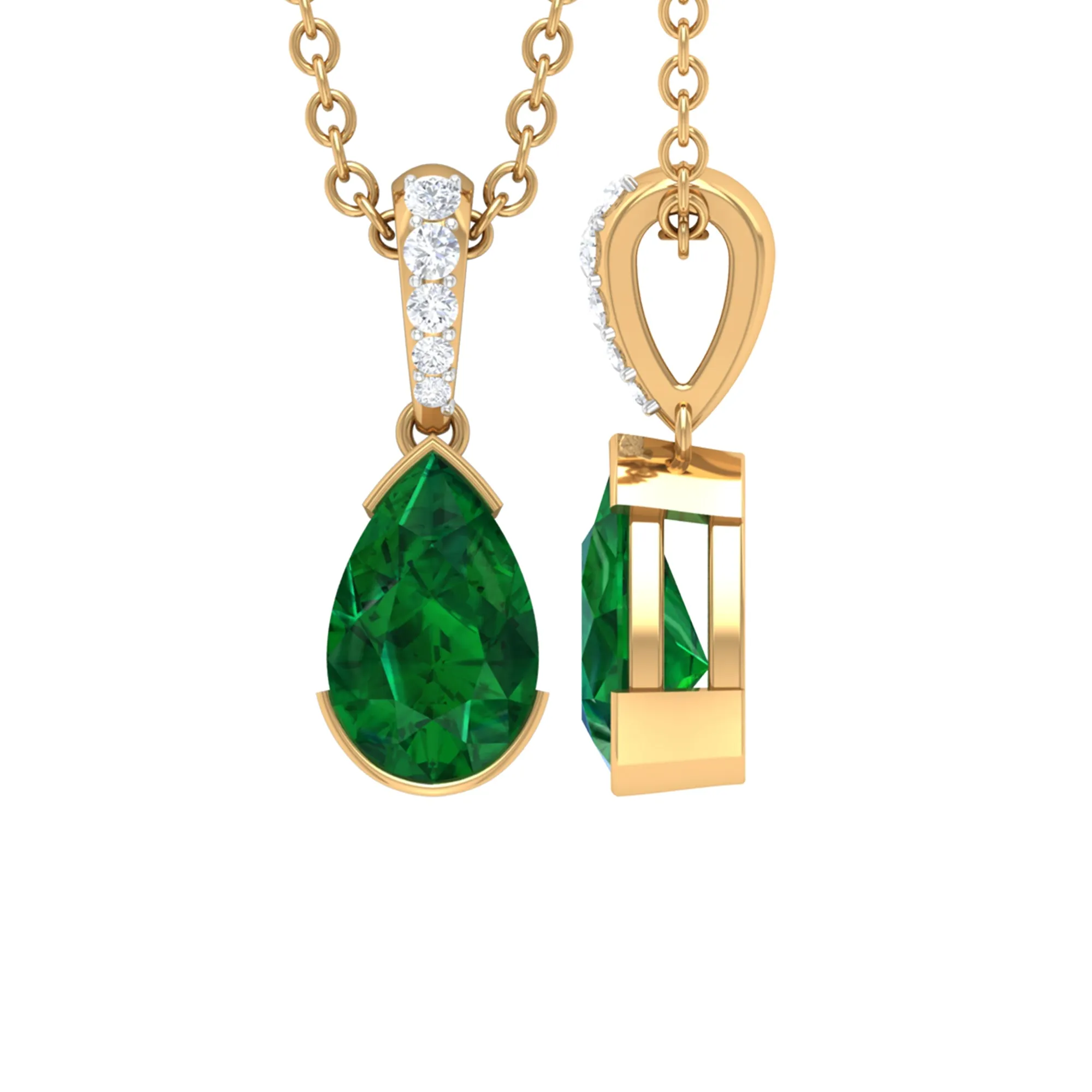 3/4 CT Pear Cut Emerald Solitaire Pendant in Half Bezel Setting with Diamond Accent Bail