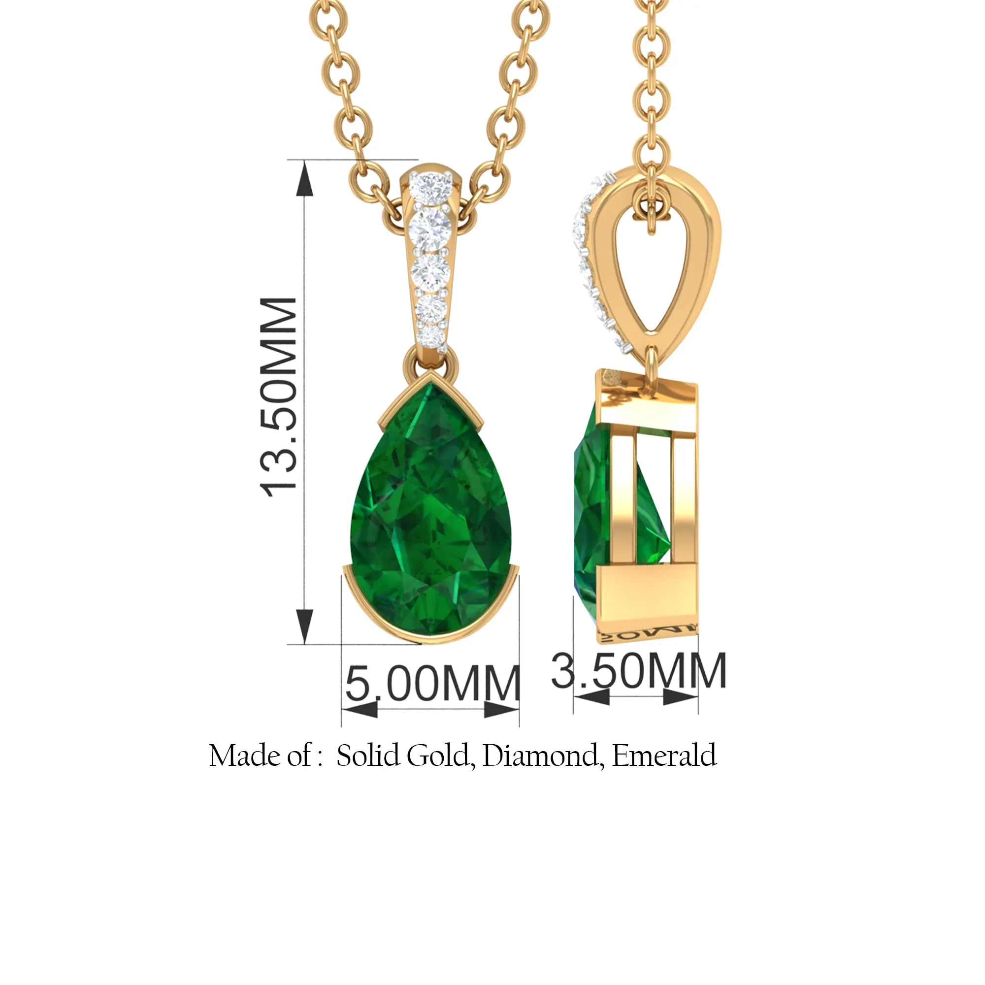 3/4 CT Pear Cut Emerald Solitaire Pendant in Half Bezel Setting with Diamond Accent Bail