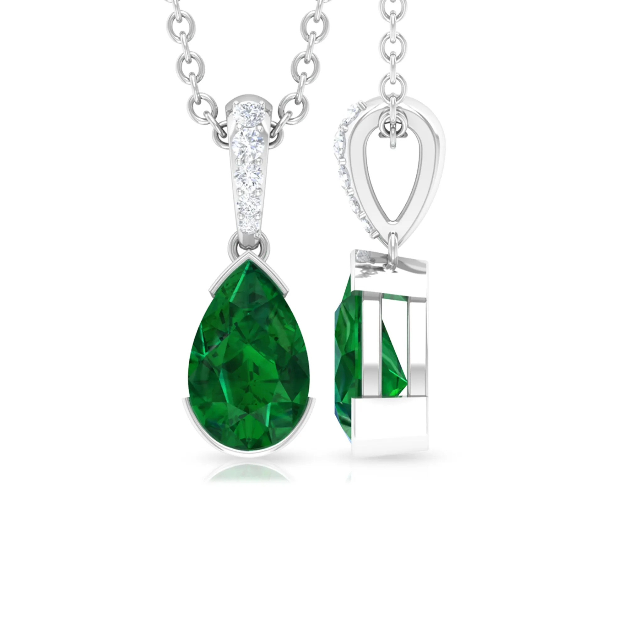 3/4 CT Pear Cut Emerald Solitaire Pendant in Half Bezel Setting with Diamond Accent Bail